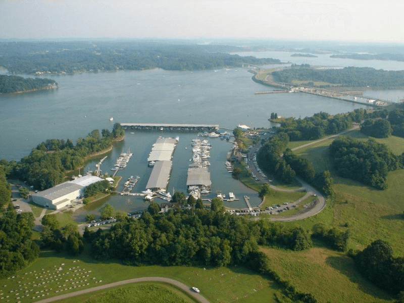 Aerial view of a Fort Loudoun Lake marina with covered boat slips near Knoxville